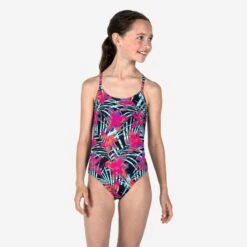Maillot De Bain 1 Pièce Fille - 100 Hiloe Tropical Party Rose